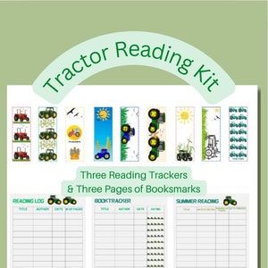 May include: A printable reading kit with a tractor theme. The kit includes three reading trackers and three bookmarks featuring different tractor designs. The reading trackers have sections for title, author, date, number of pages, and rating. The bookmarks feature a variety of tractor designs with different colors and backgrounds.