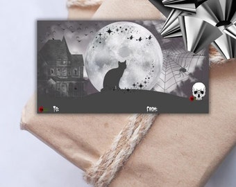 Etiqueta de regalo de Halloween con diseño de gato negro, etiqueta imprimible para regalo de Halloween con diseño de gato negro, etiquetas de regalo espeluznantes, etiquetas de regalo de Halloween, etiqueta de regalo para fiesta de Halloween