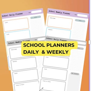 May include: Printable school planner templates for daily and weekly scheduling. The templates feature a light grey background with colourful accents and sections for classes, projects, tests, and notes.
