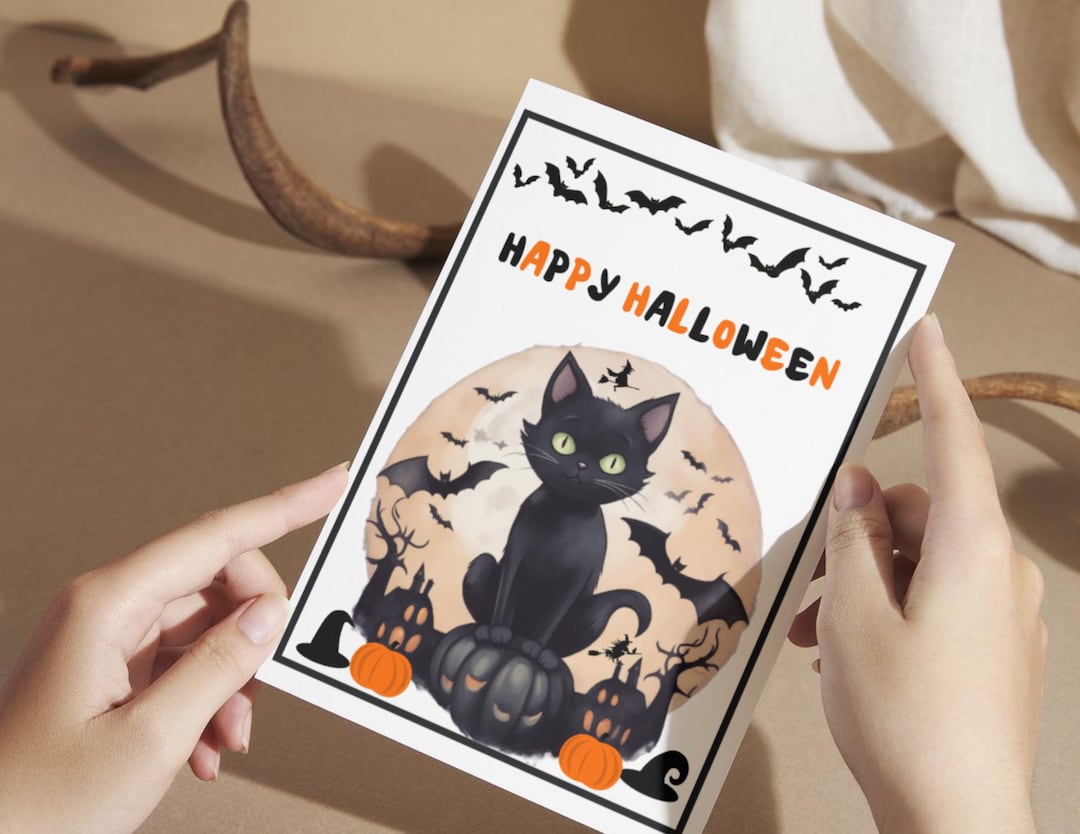 Black Cat Halloween Card ,printable Happy Halloween Cute and Spooky ...