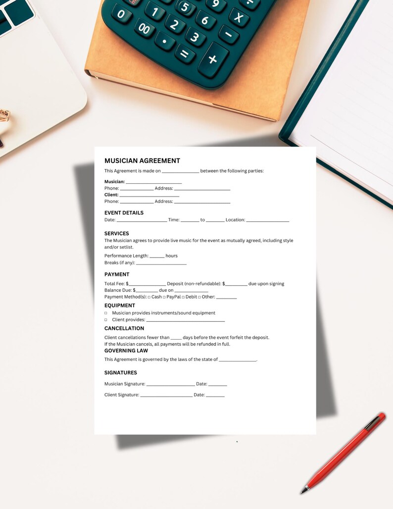 Editable Musician Contract Template, One Page Gig Agreement ...