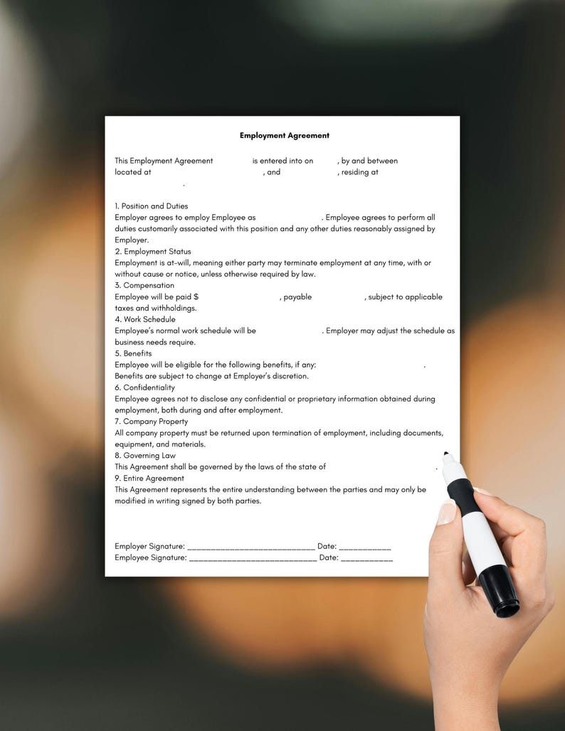 Printable Employee Contract Template, Employment Contract Agreement PDF ...
