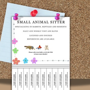 May include: A blue and white business card with the text "Small Animal Sitter" and "Specializing in Rabbits, Reptiles and Rodents". The card also includes the text "Daily and Weekly Visit and Rates", "Licensed and Insured", and "References are Available". There are images of a lizard, a goldfish, and a hamster on the card.