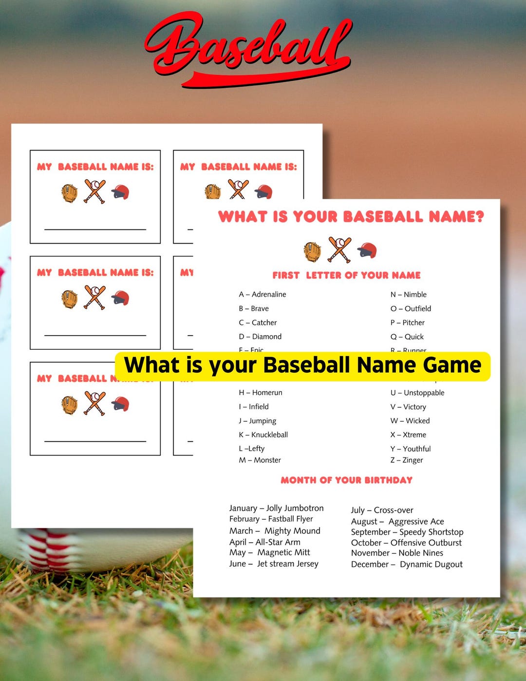Baseball Name Game: Printable Party Activity, Baseball Themed Party ...