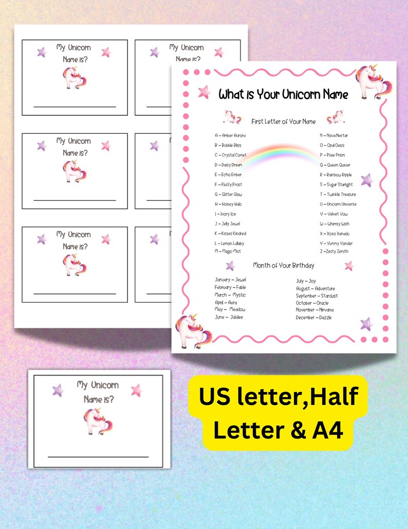 Unicorn Name Game Printable,magical Unicorn Birthday Party Activity ...
