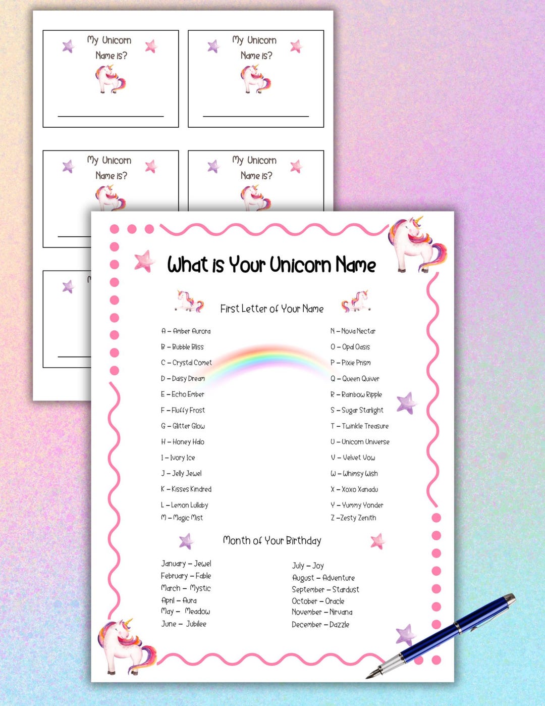 Unicorn Name Game Printable,magical Unicorn Birthday Party Activity ...