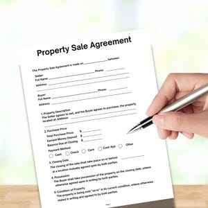 May include: A Property Sale Agreement form on white paper with text fields for seller and buyer information. A hand holding a silver pen is positioned over the document, ready to write. The document is on a wooden surface.