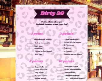 Dirty 30 Scavenger Hunt: Juego imprimible de Bar Crawl, juegos para fiestas de 30 cumpleaños, juego de beber Dirty 30 imprimible, juego de beber para 30 cumpleaños