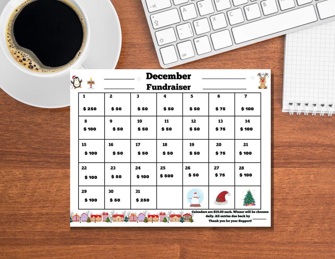 Calendar Raffle Total December Cash Calendar Raffle Board, December Pick a Day Raffle,team ...
