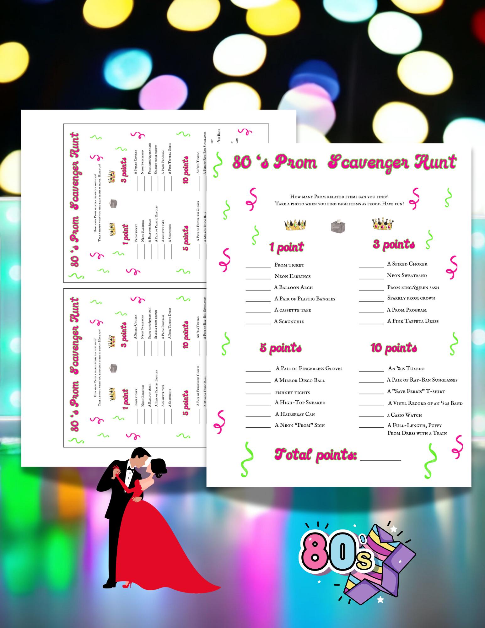 80's Prom Scavenger Hunt Game: Printable Couple's Activity (PDF), 1980 ...