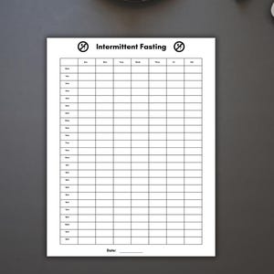 Puede incluir: Un rastreador de ayuno intermitente imprimible con un diseño en blanco y negro. El rastreador tiene una columna para cada día de la semana y una fila para cada hora del día. El rastreador también incluye un espacio para la fecha.