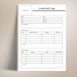 May include: A white livestock log sheet with a grey header reading "Livestock Log." The sheet includes sections for picture, name, sex, breed, colour, DOB, species, tag ID, health, medical, growth, and weight.