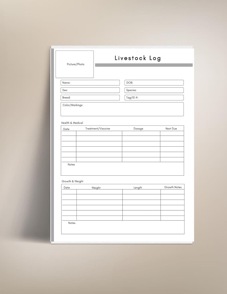 May include: A white livestock log sheet with a grey header reading "Livestock Log." The sheet includes sections for picture, name, sex, breed, colour, DOB, species, tag ID, health, medical, growth, and weight.