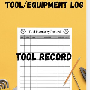 Op de afbeelding: Een afdrukbaar gereedschapsinventarisatie-logblad met de titel "Tool Inventory Record" en "Tool Record" in vetgedrukte letters. Het blad heeft kolommen voor Dag, Datum, Gereedschap, Beschrijving, Ploeg/Team en Initialen.