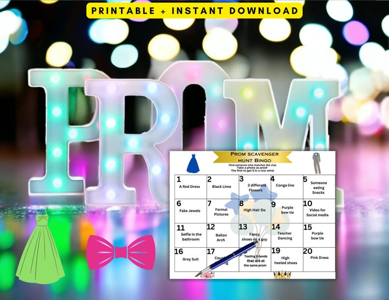 Prom Scavenger Hunt Bingo Game: High School Printable (PDF), Prom ...