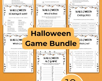 Paquete de juegos de Halloween, juegos de fiesta imprimibles, trivia, paquete de juegos para fiestas de Halloween, juegos de fiesta con temática de Halloween, juegos de Halloween espeluznantes y divertidos.
