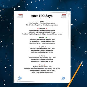 2026 Holiday Calendar Printable: US Letter, A4, A5 Sizes (Digital Download, 2 PDFs)