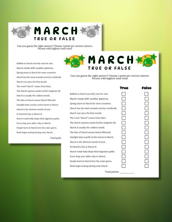 March True or False Game, March Trivia game, Classroom March True/False trivia game,March family game night trivia, pub trivia,March games