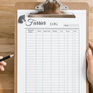 May include: A black and white image of a horse's head is at the top of a white sheet of paper on a clipboard. The paper is a farrier log with columns for horse name, date, date due, notes, trim, shoes, and pads.