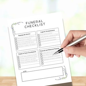 Funeral Planner Checklist: Service Arrangements, Guest List (Printable PDF Download)