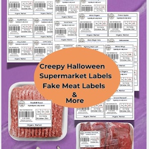 Fausses étiquettes de viande imprimables pour Halloween, fausses étiquettes de nourriture de supermarché, farces d'Halloween, fausses étiquettes et autocollants de nourriture, étiquettes de nourriture drôles