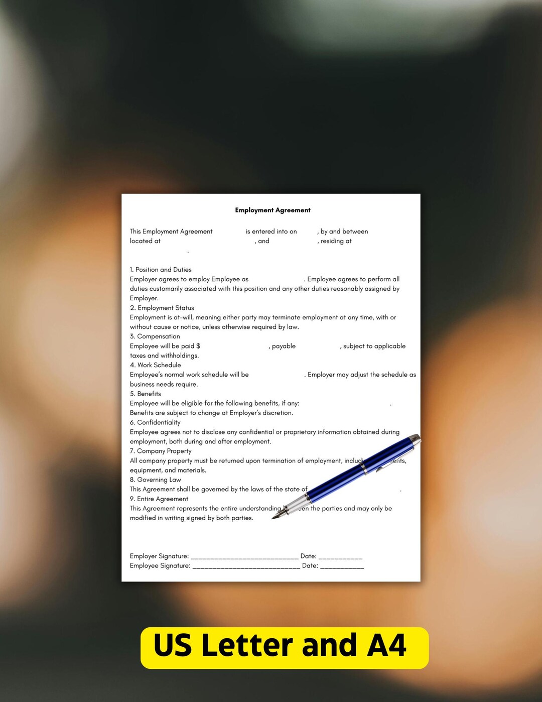 Printable Employee Contract Template, Employment Contract Agreement PDF ...