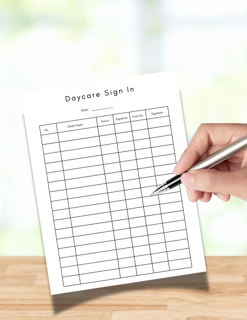 Printable Daycare Sign in Sign Out Sheet, Daycare Attendance Log ...