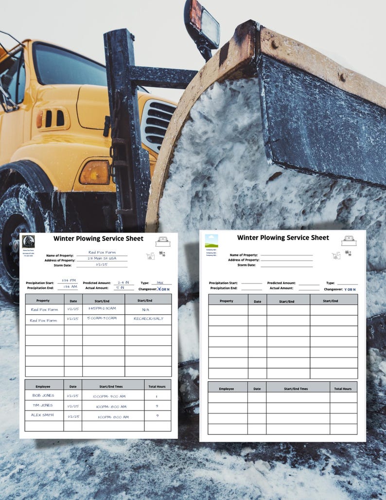 Printable Commercial Snow Plowing Service Sheet, Small Business Plowing