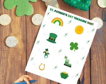 Schatzsuche zum St. Patrick's Day, druckbares Spiel für Vorschulkinder, Schatzsuche für drinnen, Koboldjagd, Aktivität für den Unterricht zum St. Patrick's Day
