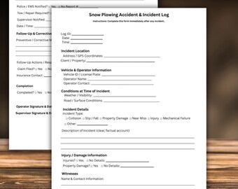 May include: Two white paper forms titled "Snow Plowing Accident & Incident Log" and "Photos Taken?" are displayed on a wooden surface. The forms include sections for incident details, vehicle information, and witness contact information.