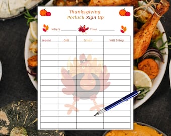 Thanksgiving Potluck Sign-Up Sheet,Printable Dinner Party Planner,Printable Food Organizer,Printable Potluck Sheet, Food Event Organizer