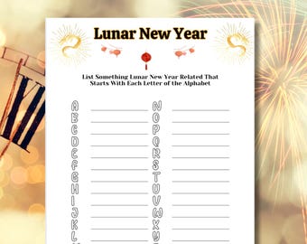 Lunar New Year A-Z Game: Printable Lunar New year Party Game for Kids & Adults, lunar new year a-z challenge activity, Lunar New Year