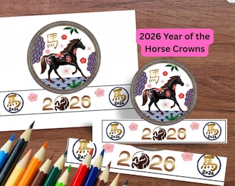 Year of the Horse Crown,2026 Lunar New Year Printable Craft, Lunar new year, year of the horse 2026, coloring craft crown, horse coloring