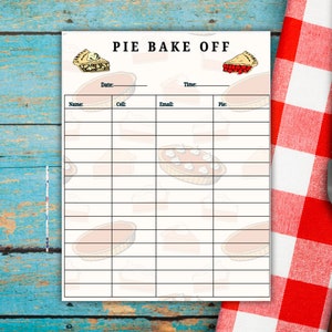 Pie Contestant sign up sheet, pie baking contest,Pie Contest Kit,Baking Contest,Pie Competition,Pie Contest sign in, Printable sign up sheet