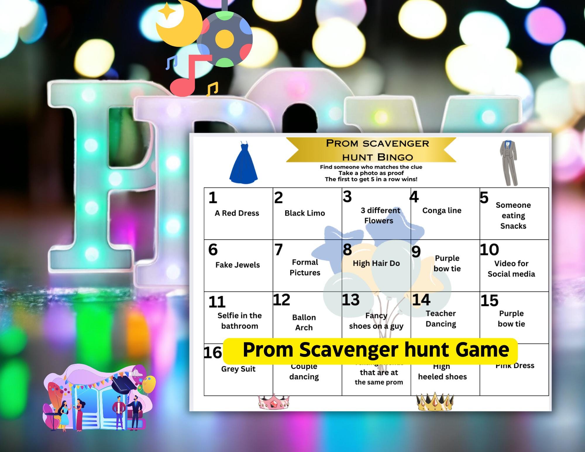 Prom Scavenger Hunt Bingo Game: High School Printable (PDF), Prom ...