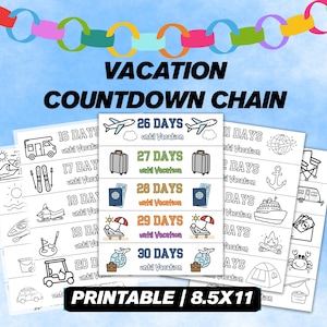 Puede incluir: Una cadena de cuenta regresiva de vacaciones imprimible con varias ilustraciones temáticas de viajes. El diseño incluye imágenes de aviones, maletas, pasaportes y escenas de playa. El texto dice "VACATION COUNTDOWN CHAIN" y "PRINTABLE | 8.5X11".