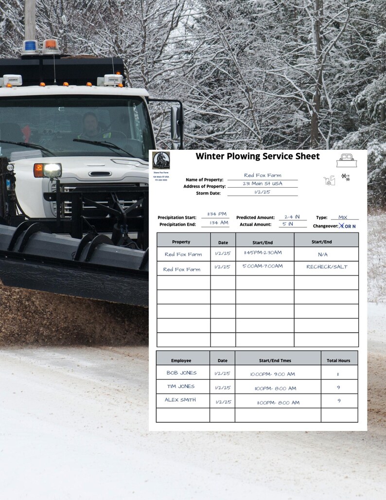 Printable Commercial Snow Plowing Service Sheet, Small Business Plowing