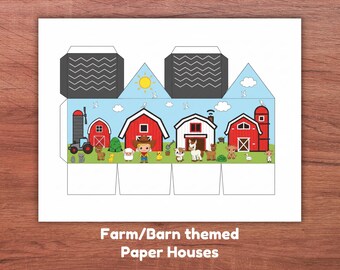 Farm Paper House Craft: Printable Barn Village for Kids (PDF), barn/farm themed paper house coloring craft for kids, Barnyard party activity