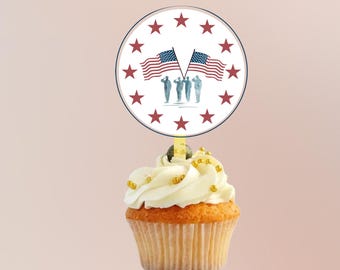 Patriotic Cupcake Toppers,Red White and Two Cupcake Toppers,4th of July Party Decorations, Summer Birthday, Red White Blue, military cupcake