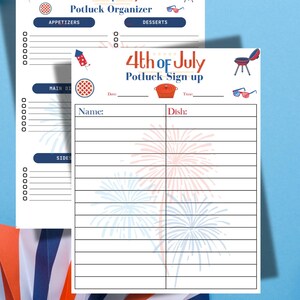 Op de afbeelding: Een printbaar 4 juli potluck-aanmeldingsformulier met een rood, wit en blauw vuurwerkontwerp. Het formulier bevat ruimte voor gasten om hun naam, het gerecht dat ze meenemen en de datum en tijd van het evenement in te vullen.