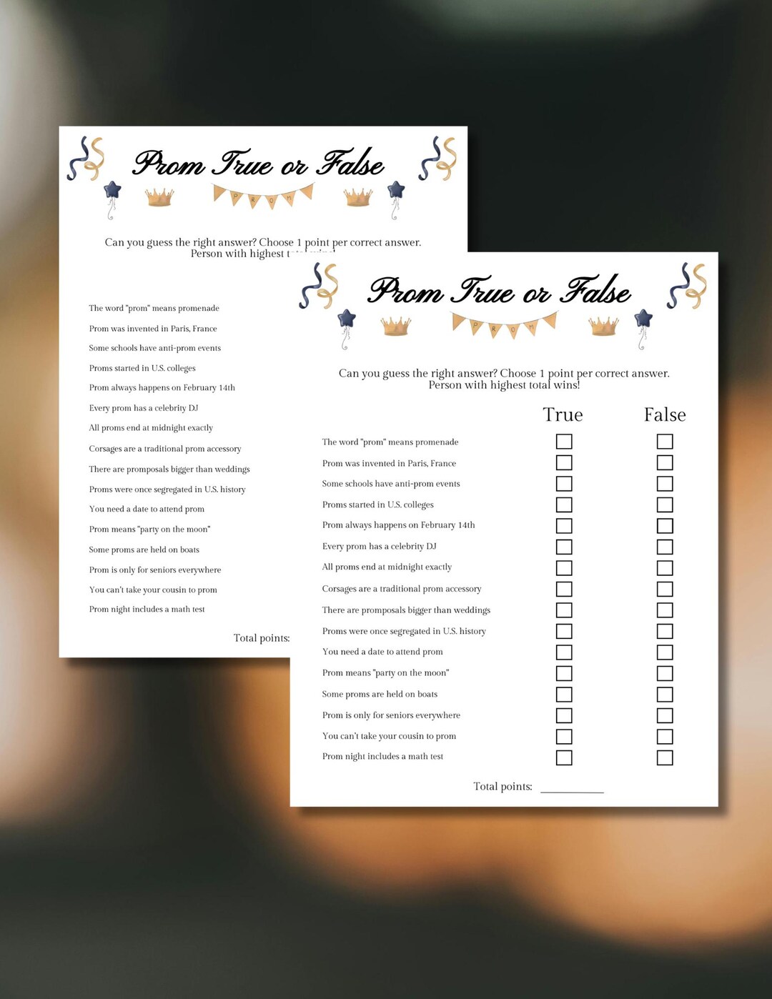 Prom True or False Trivia Game,fun Prom Activity, School Spirit Week ...