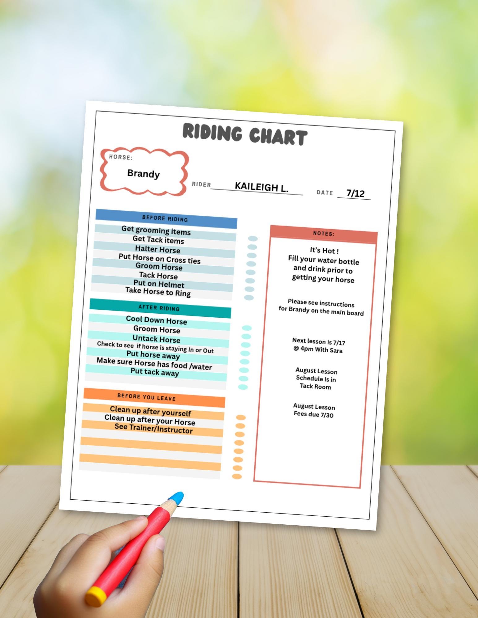 Horseback Riding Checklist Chart: Beginner Rider Responsibility, Lesson ...