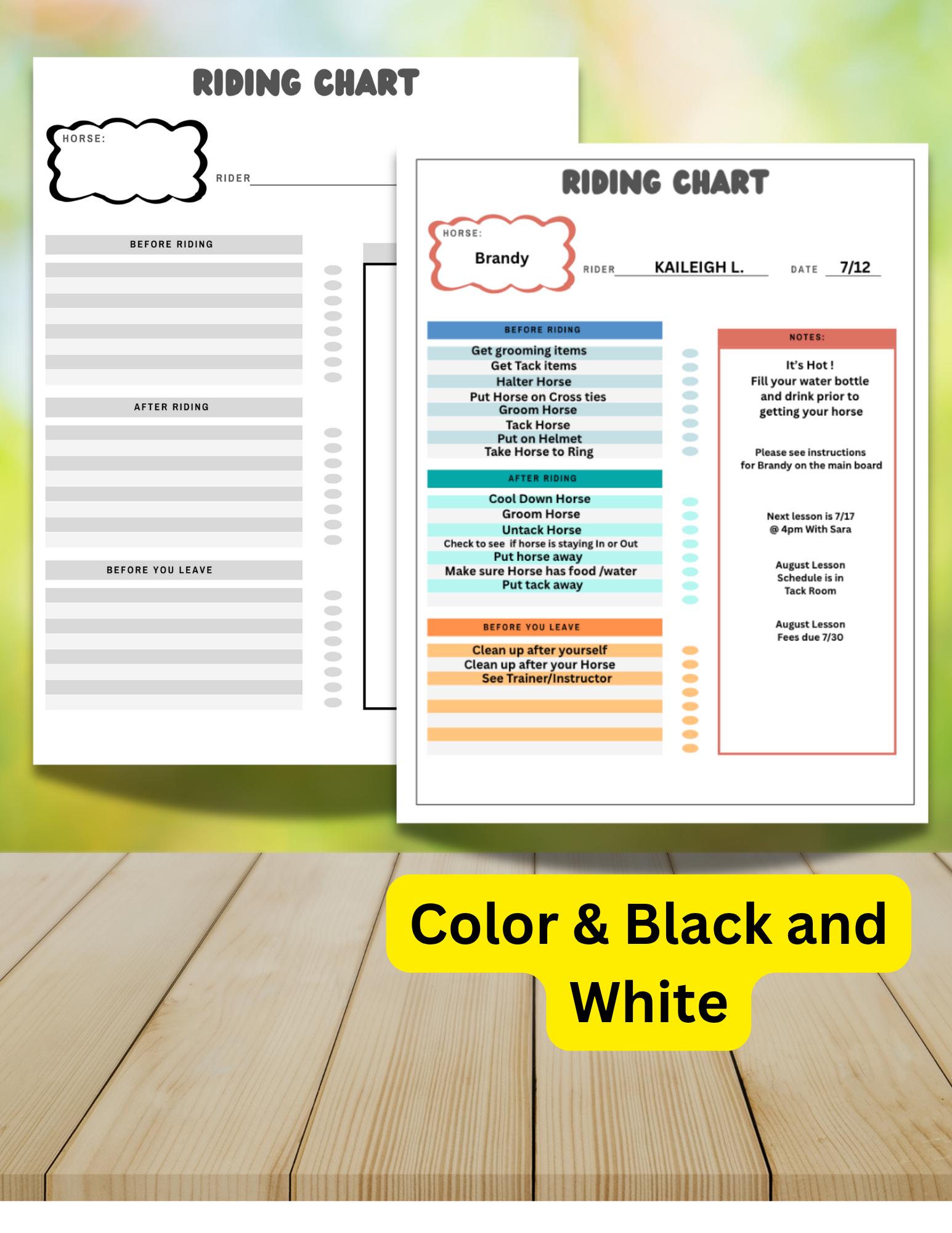 Horseback Riding Checklist Chart: Beginner Rider Responsibility, Lesson ...