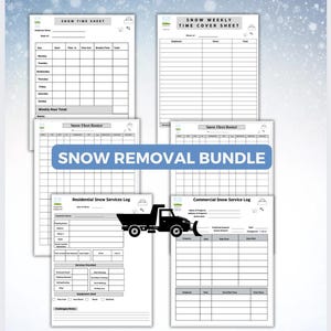 May include: A bundle of printable snow removal forms, including time sheets, fleet rosters, and service logs. The forms are white with black text and a green logo. A black illustration of a snowplow is also included.