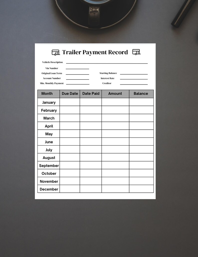 Printable Trailer Loan Tracker,payment Record Sheet,trailer Payment Log ...