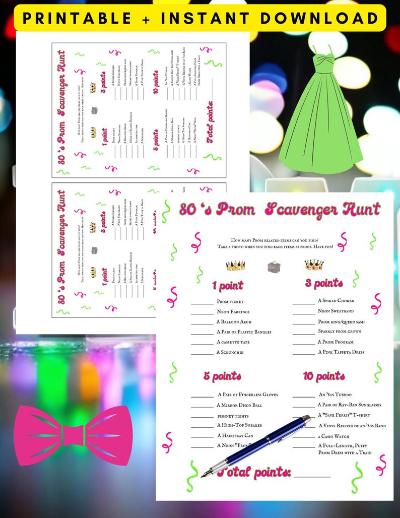 80's Prom Scavenger Hunt Game: Printable Couple's Activity (PDF), 1980 ...