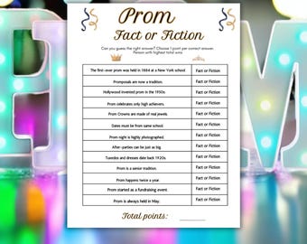 Prom Games, Prom Fact of Fiction Game, Afdrukbaar spel voor tieners, afdrukbare prom-activiteit, Prom Trivia-spel, quizspel middelbare school prom,
