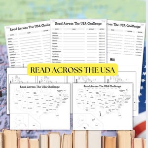 May include: A printable reading challenge checklist with a map of the United States. The checklist includes a column for each state, book, author, rating, and a space for notes. The map is labelled with each state's name.