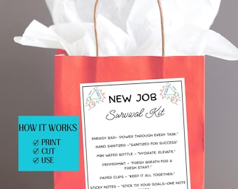 Etiquetas del kit de supervivencia para nuevos empleos, regalo para nuevo empleo, regalo para nuevo empleado, regalo para nueva carrera, del primer día al primer mes: el kit completo de supervivencia para nuevos empleos.