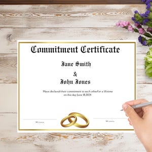 Certificato di cerimonia di impegno, ricordo dei voti nuziali, modello di impegno, modello di rinnovo dei voti nuziali, ricordo della cerimonia,